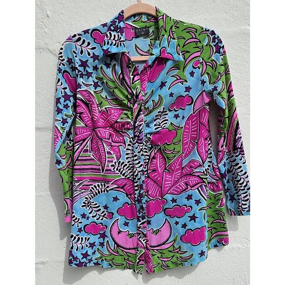 Vintage Y2K Womens Top Small Pink Blue Moon Sky Tropical Ruched Button Up Shirt - Picture 1 of 11